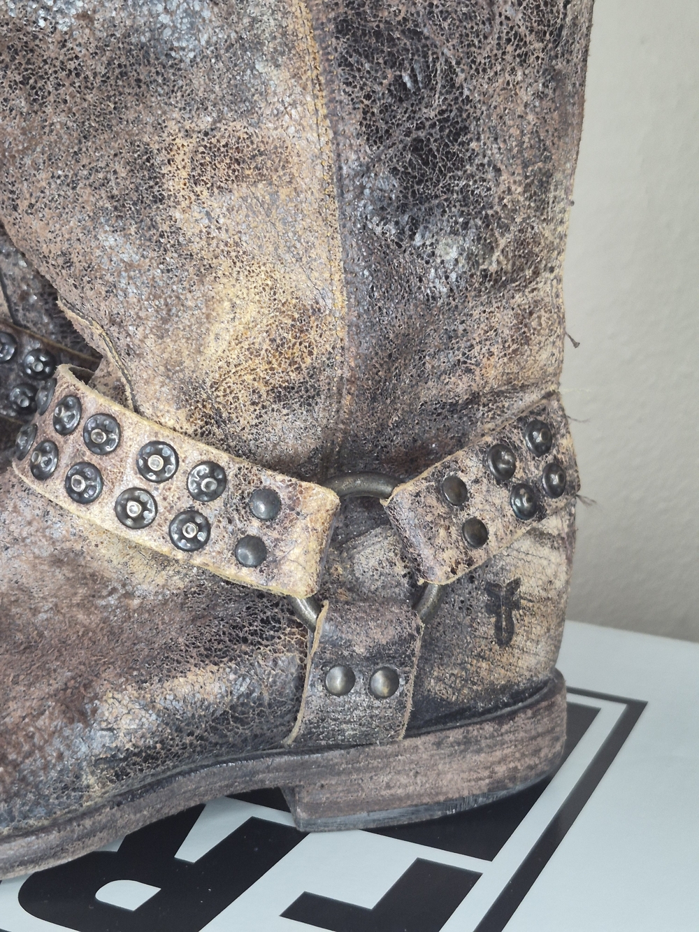 Frye Brown Distressed Leather Studded Harness Knee Boots - Picture 3 of 8